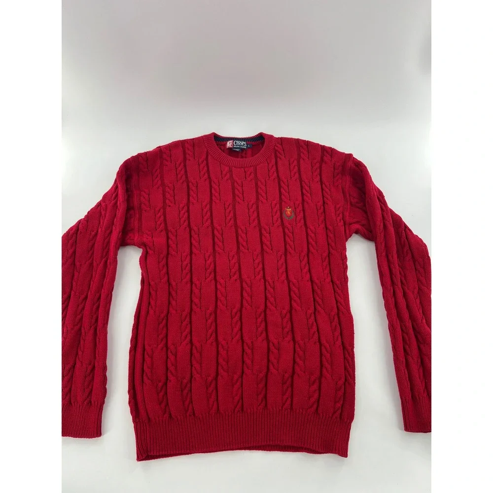 Vintage Chaps Ralph Lauren Mens Cable Knit Cotton Crewneck Sweater Crest Logo L